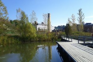 Don_Valley_Brickworks_October_2011 View of the Don Valley Brickworks with pond and wood dock in foreground.
